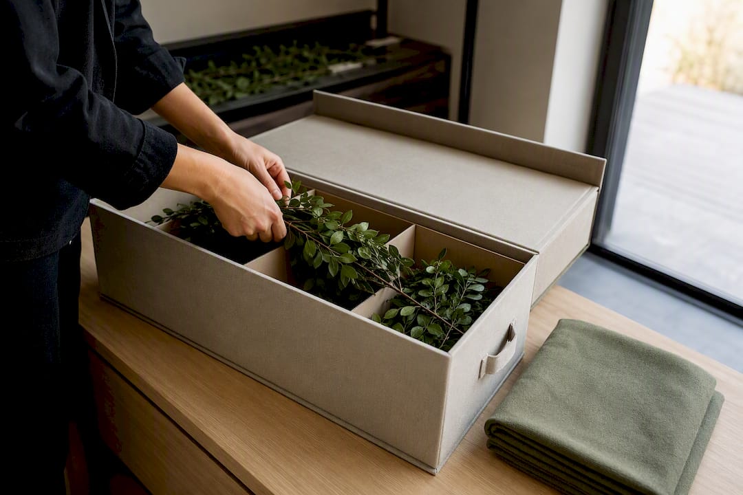 Künstliche Zweige werden je nach Saison verpackt