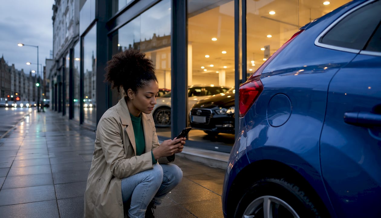 Woman checking car listings near dealership