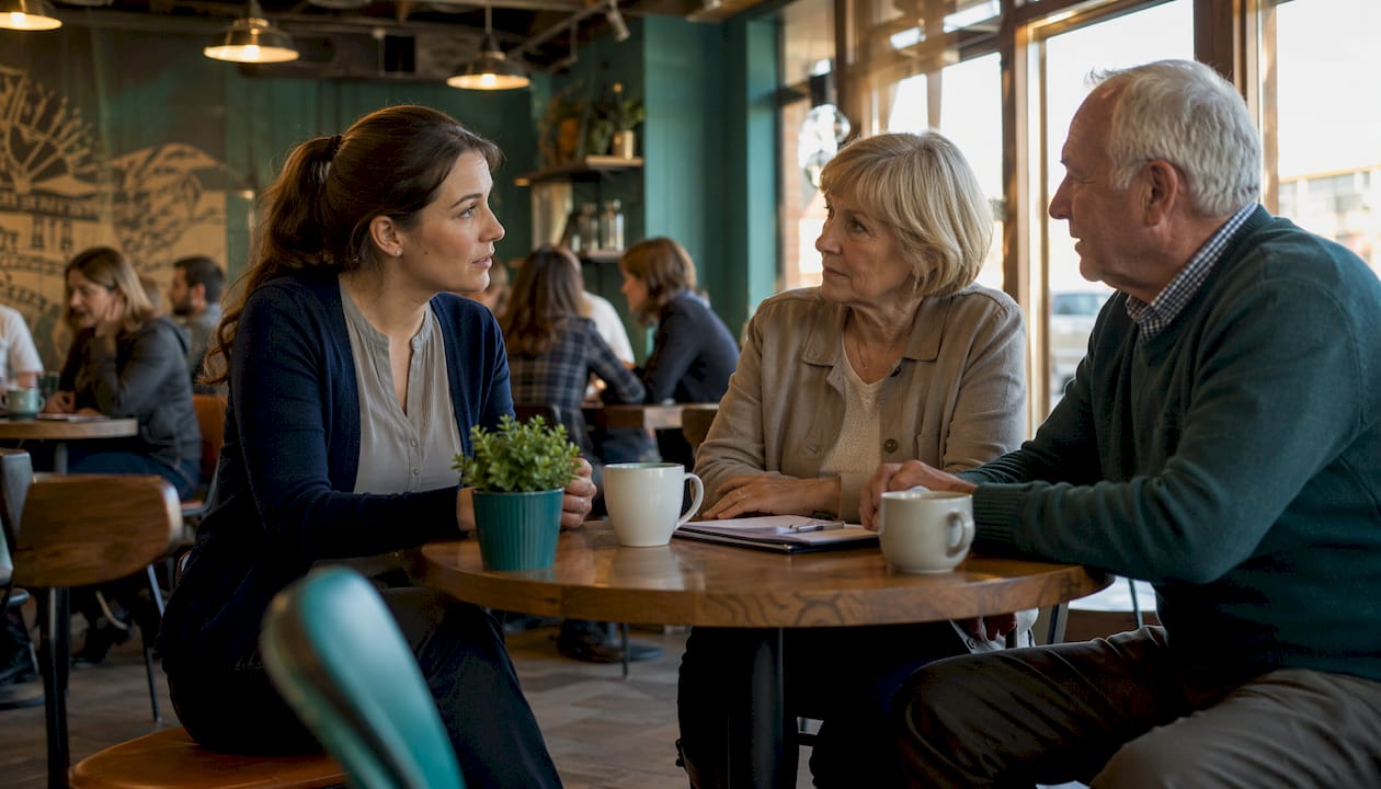 Insurance agent consulting senior couple in office