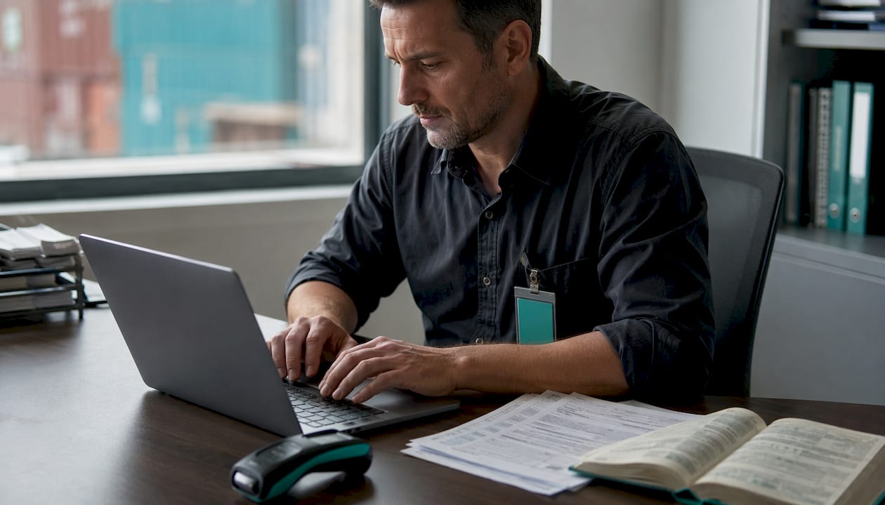 Customs agent processing vehicle import forms