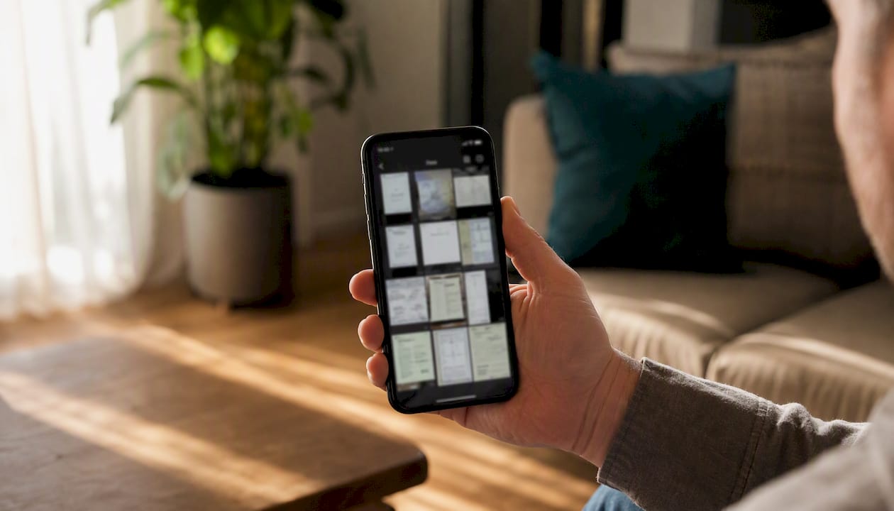 Smartphone displaying car paperwork photo gallery