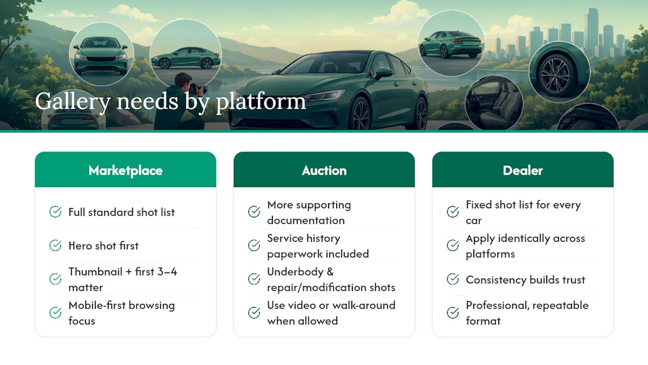Comparison of car photo gallery formats by sale platform