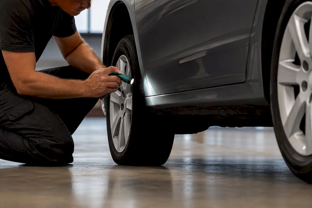 Mechanic checking uneven vehicle ride height