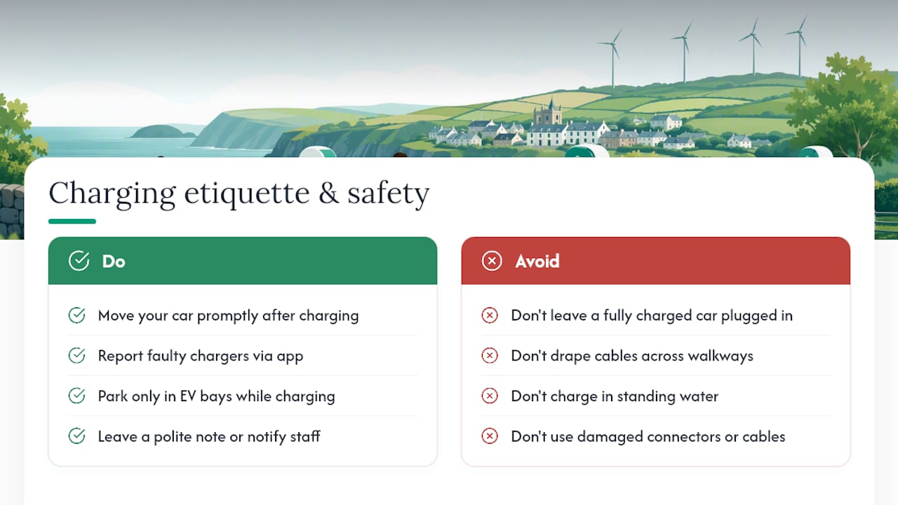 Charging etiquette and safety at public stations — overview diagram