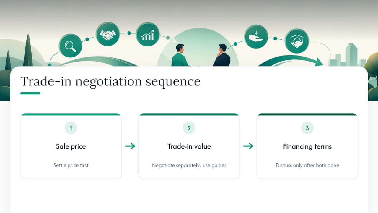 Three separate stages of a car deal negotiation