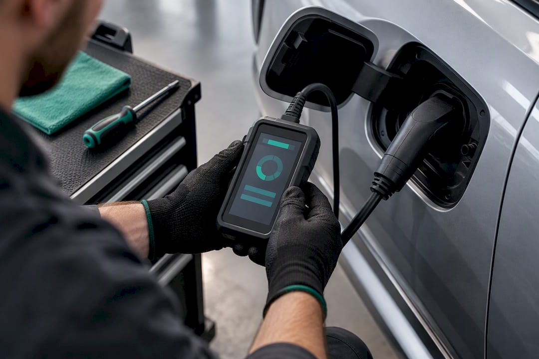 Technician conducting an EV battery health check