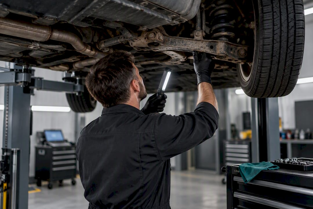 Mechanic inspecting vehicle underbody on lift