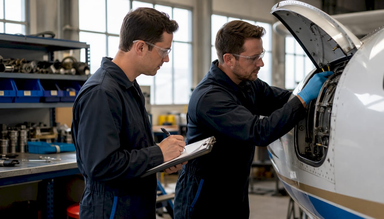 Technicians discussing aircraft repair in hangar