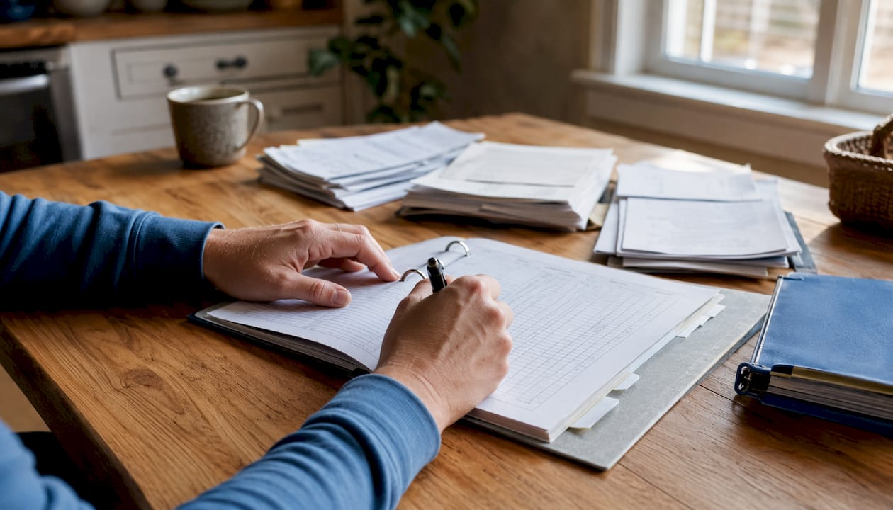Hands poised over FAA maintenance log documents