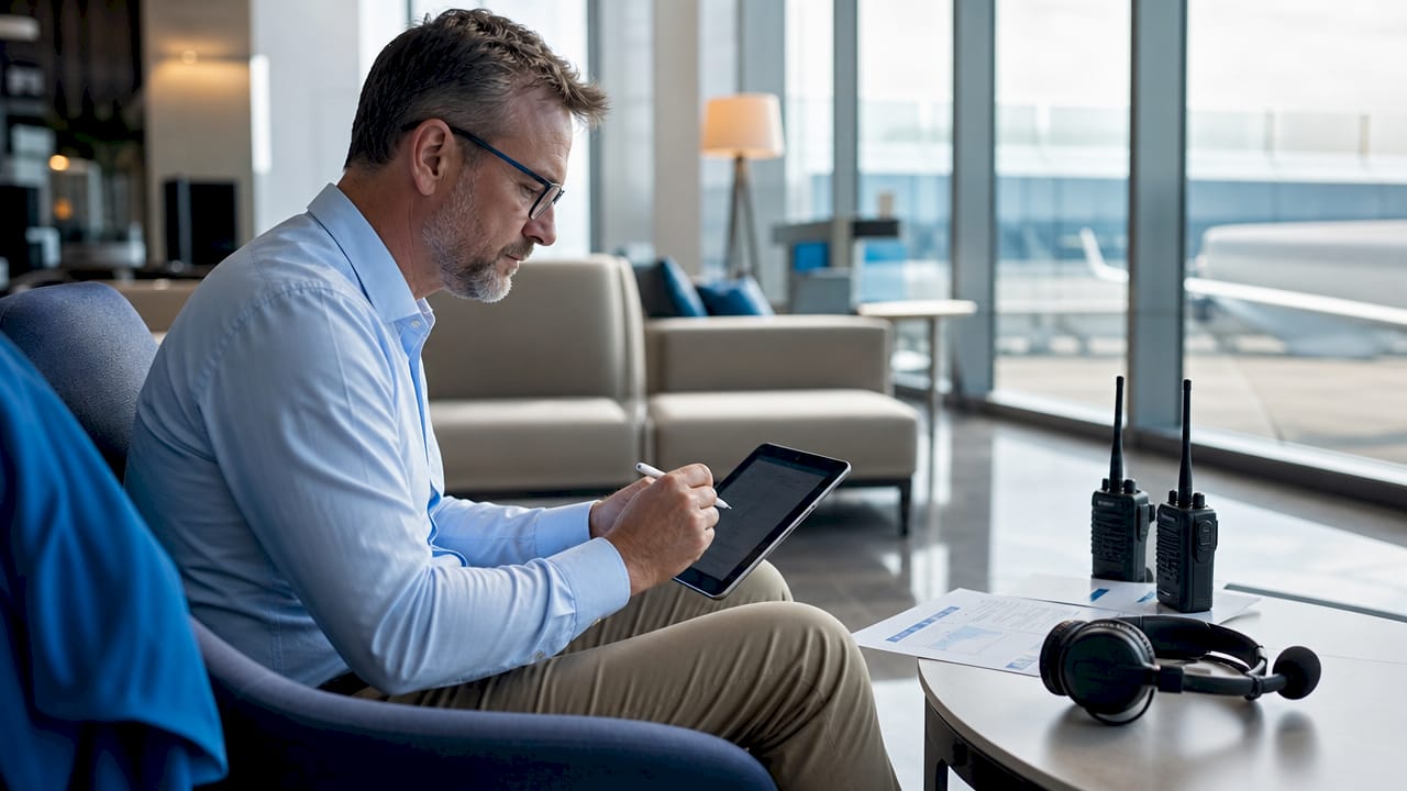 Aviation professional using audit software tablet