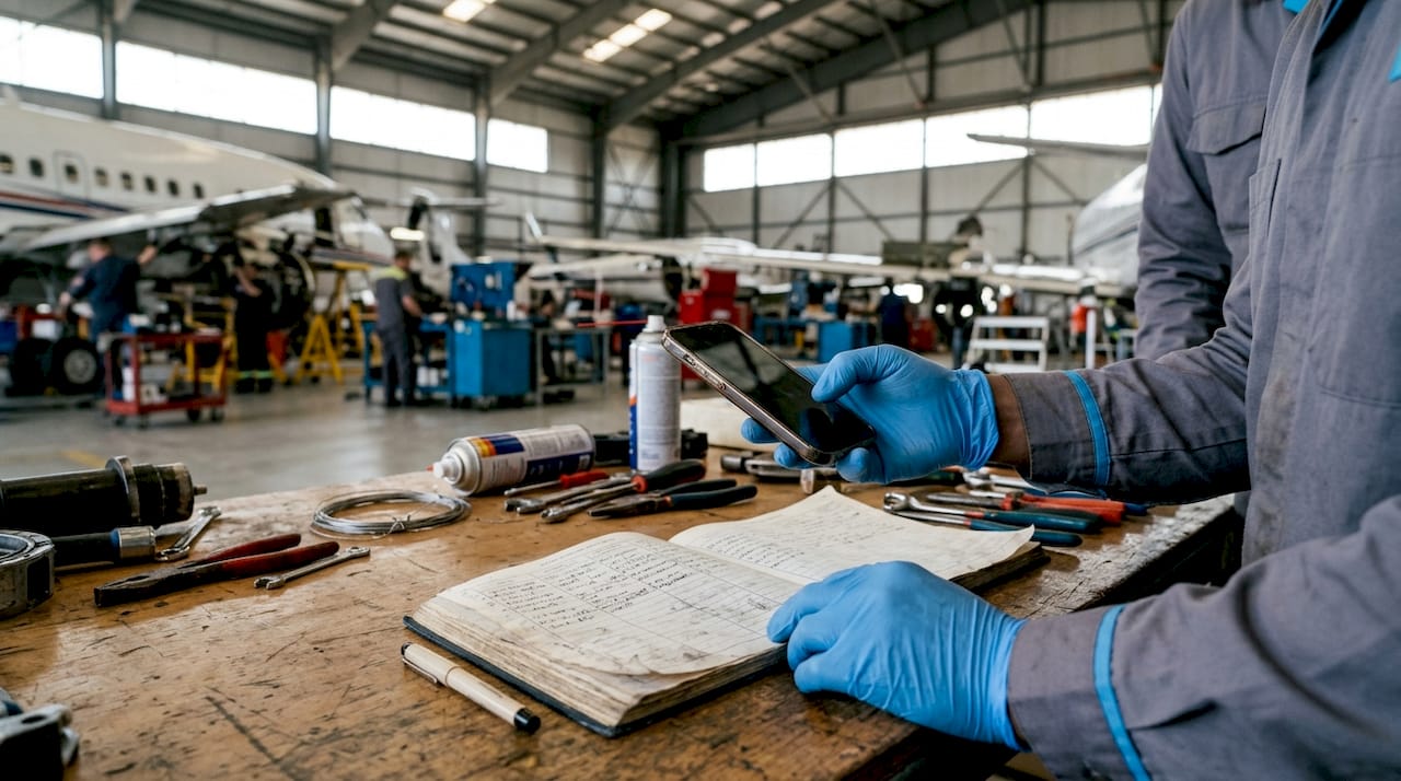 Hands photographing aircraft maintenance logbook