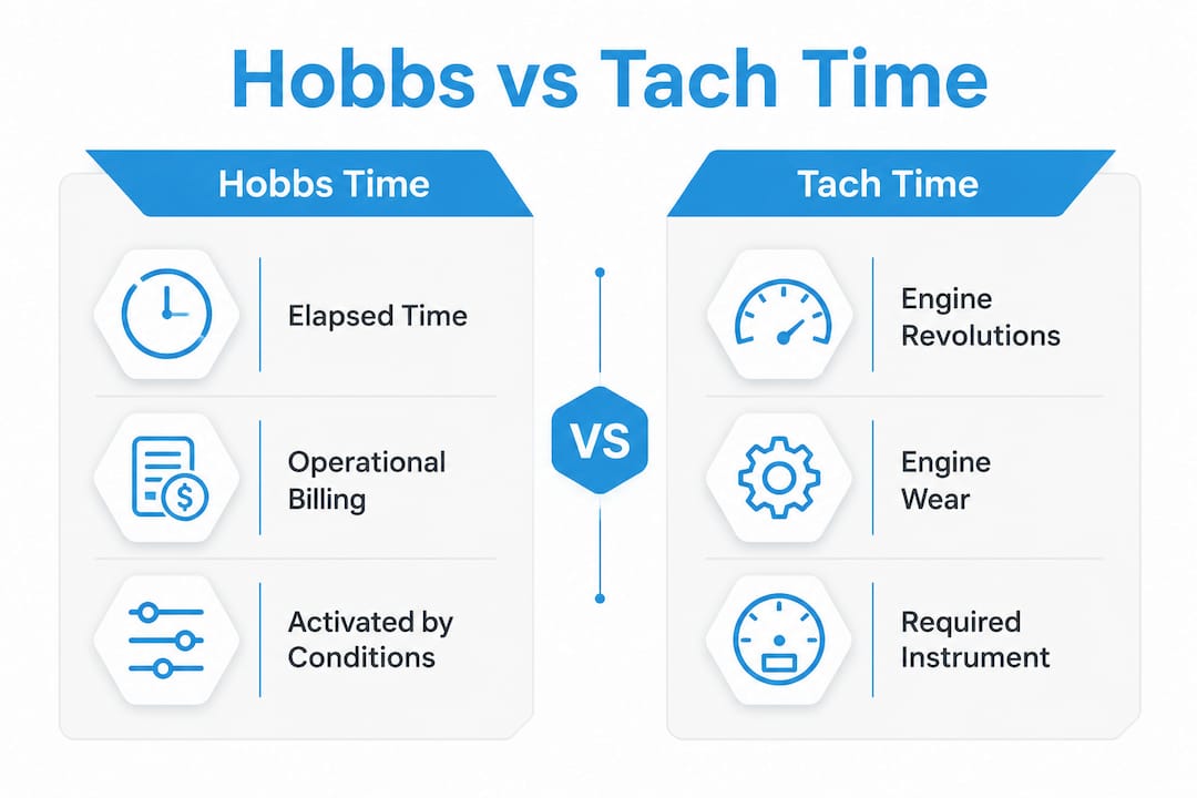 Infographic comparing Hobbs time and tach time
