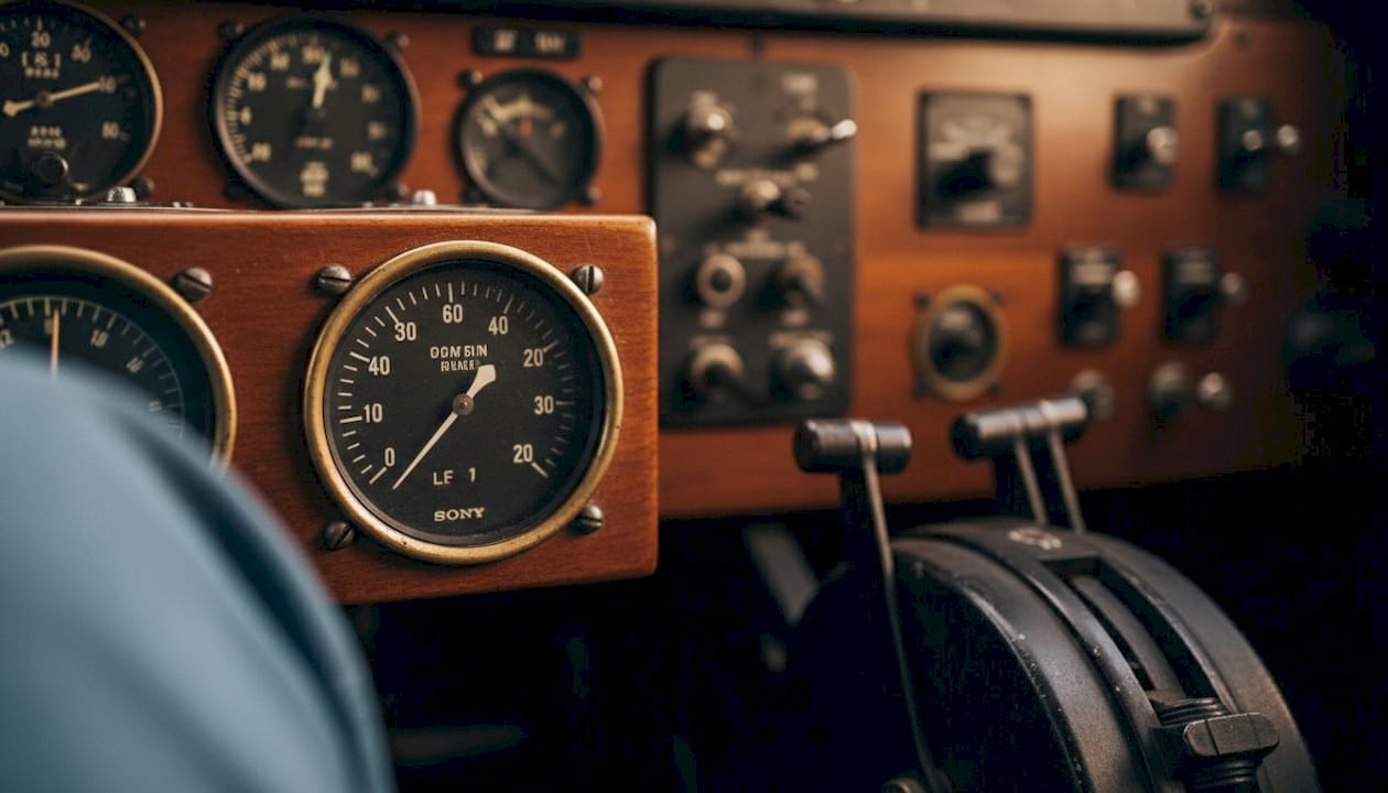 Close-up of aircraft tachometer dial showing needle