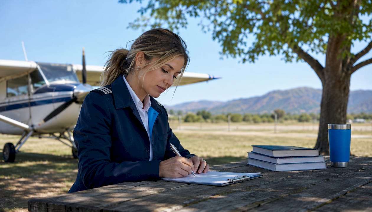 Pilot documenting preflight inspection notes