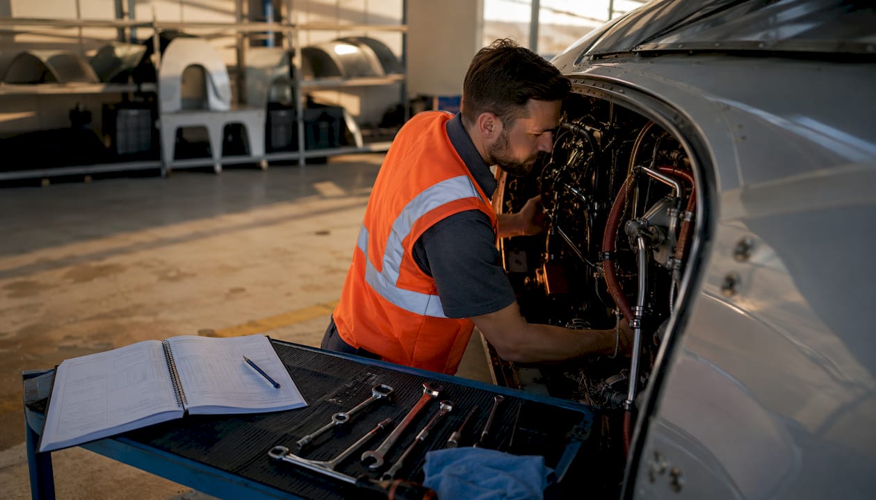 Aircraft maintenance technician inspecting engine outdoors