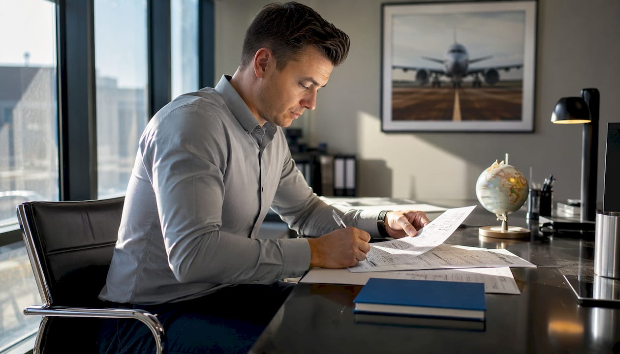 Pilot auditing flight data documents in home office