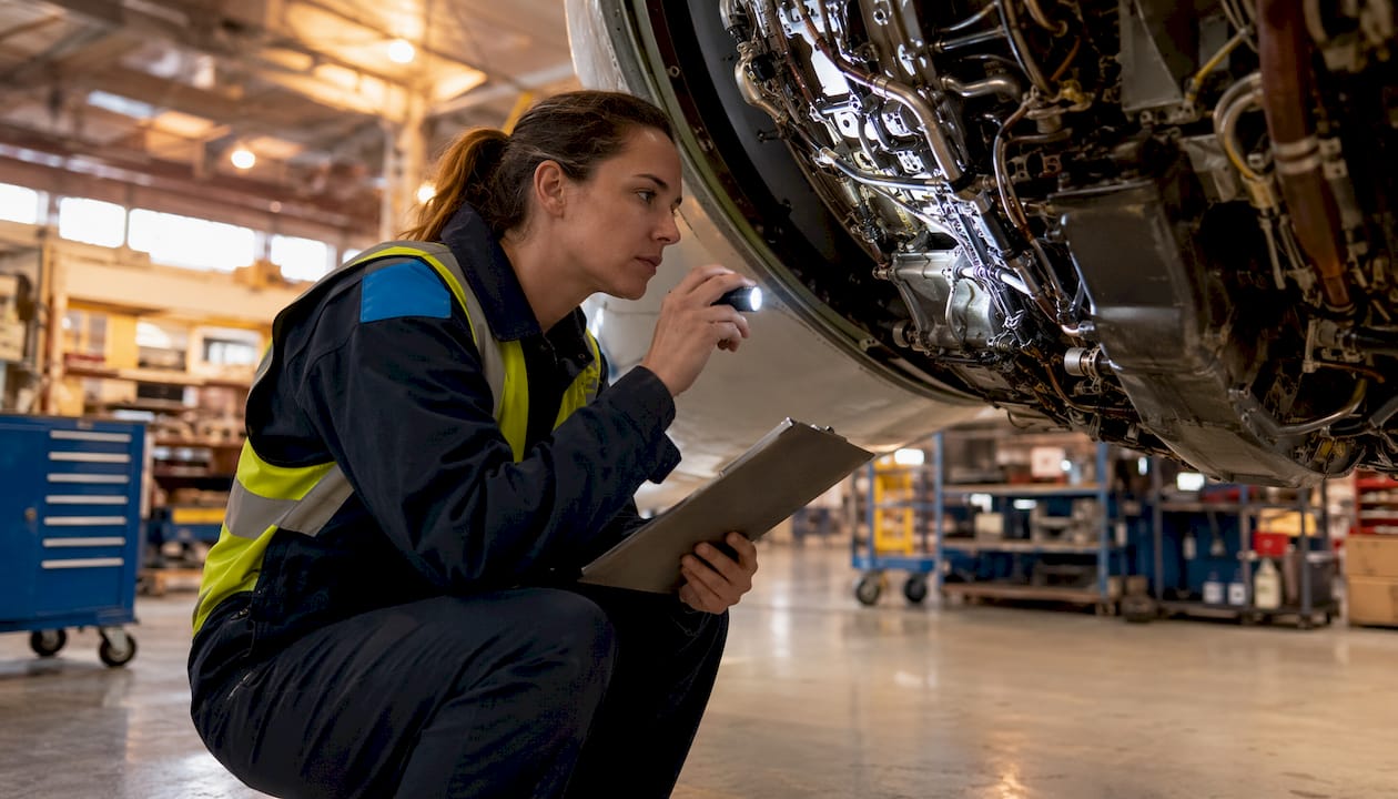 Technician inspecting aircraft engine on tarmac