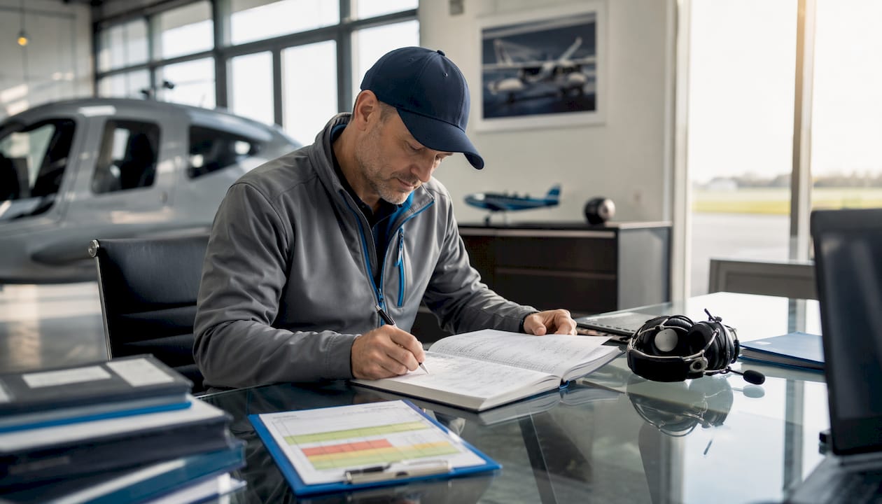 Pilot reviewing aircraft maintenance logbook