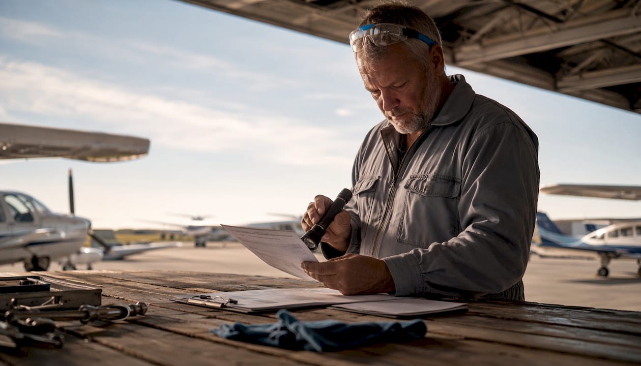 Aircraft mechanic inspecting maintenance logs