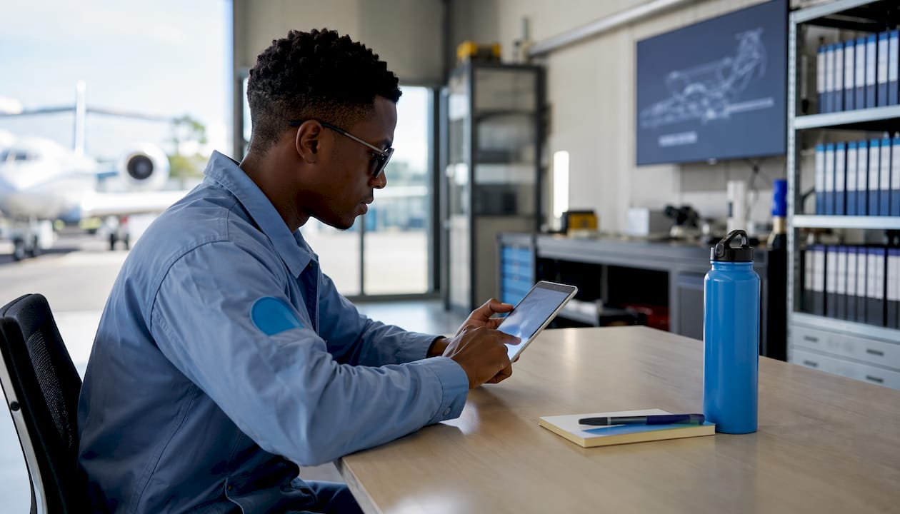 Pilot using aircraft maintenance app in flight school