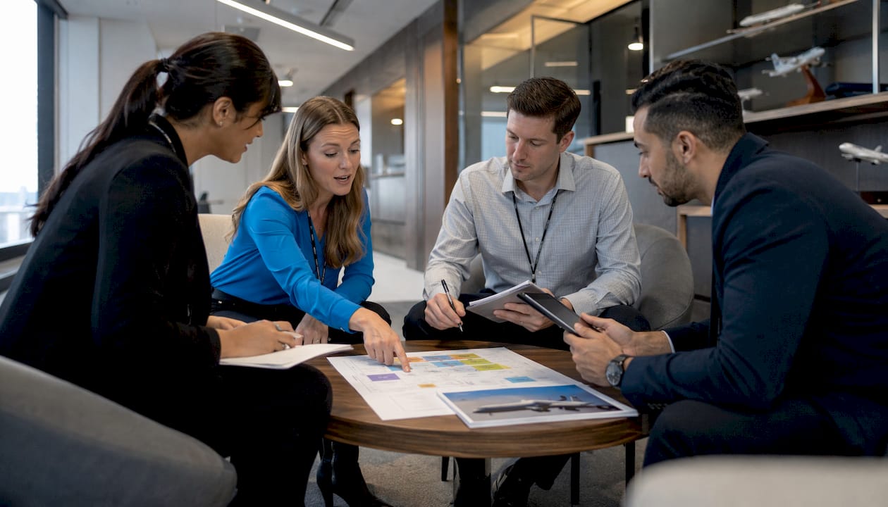 Corporate flight team discussing maintenance plans