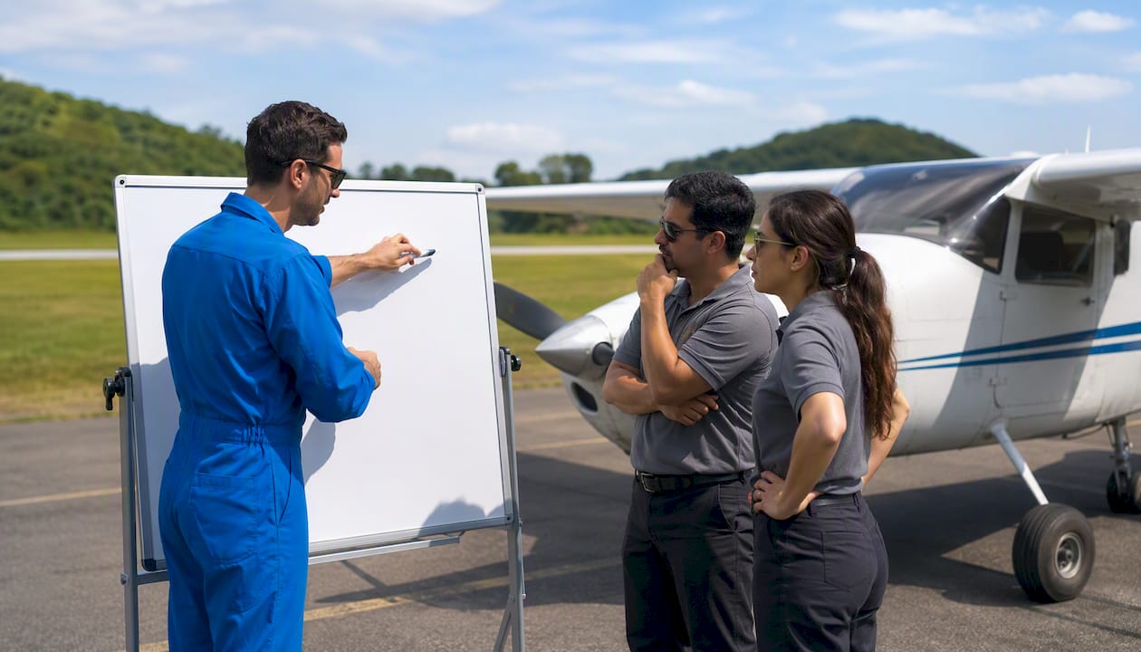Technicians reviewing maintenance data by aircraft hangar