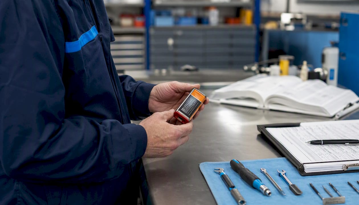 Close-up hands inspecting ELT battery and logbook