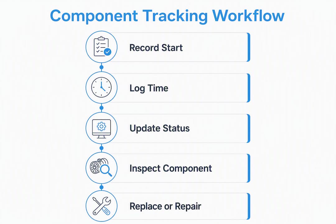 Infographic illustrating component time tracking workflow steps