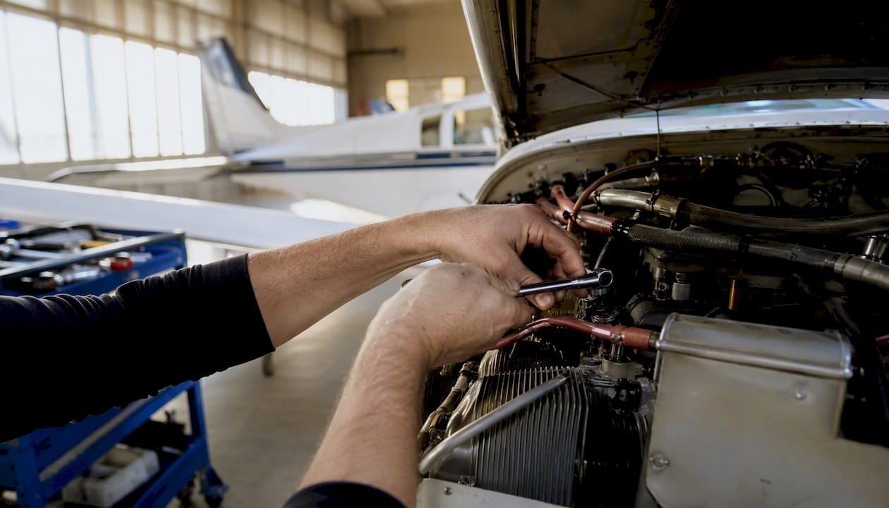 Hand removing engine component in hangar