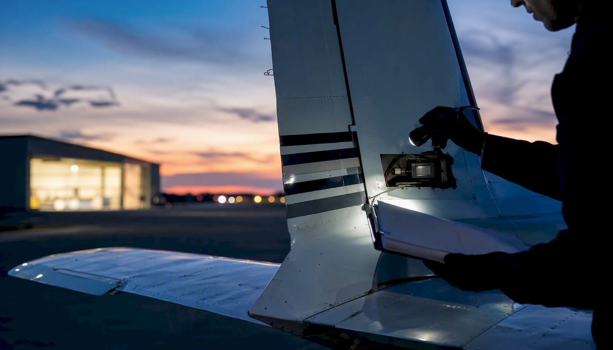 Technician’s hand with maintenance documents near aircraft tail
