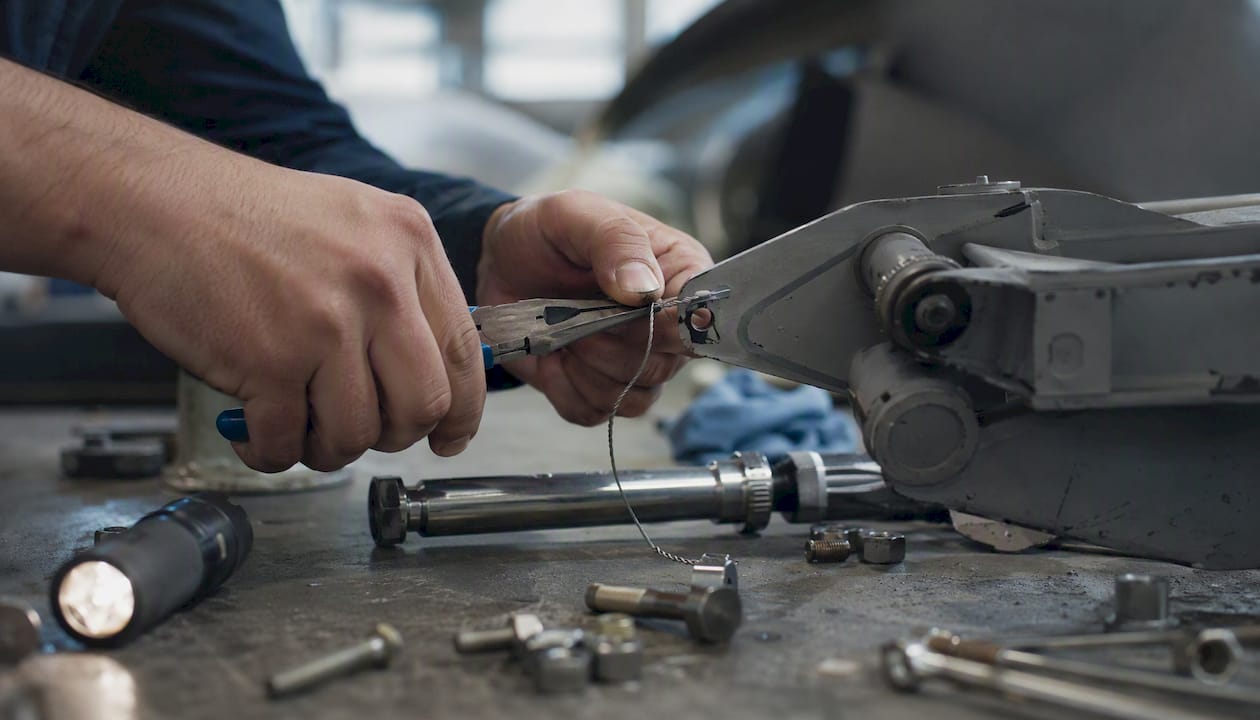 Hands installing safety wire on aircraft part