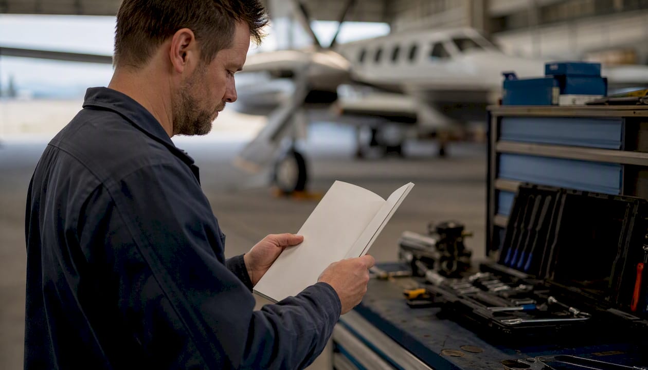Hands verifying blank logbook pages on workbench