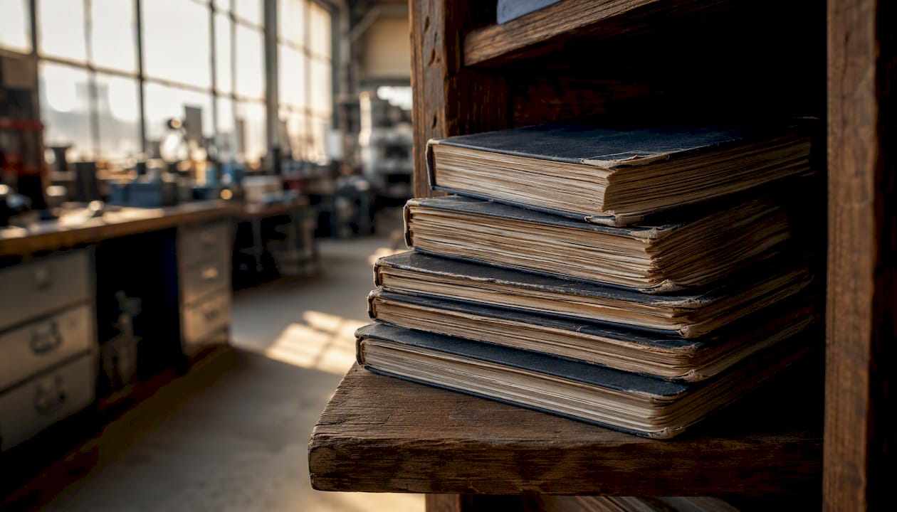 Stack of pilot paper logbooks in hangar