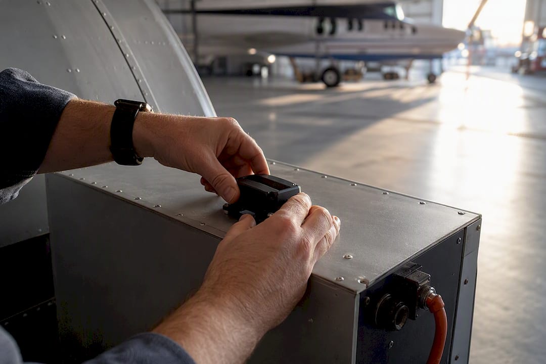 Hands installing IoT tracker on avionics box