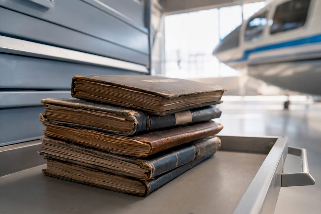 Stack of old aircraft logbooks in drawer