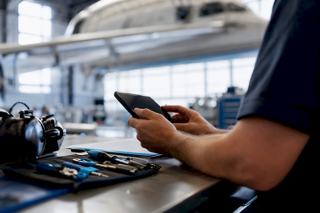 Hands holding device near hangar workbench