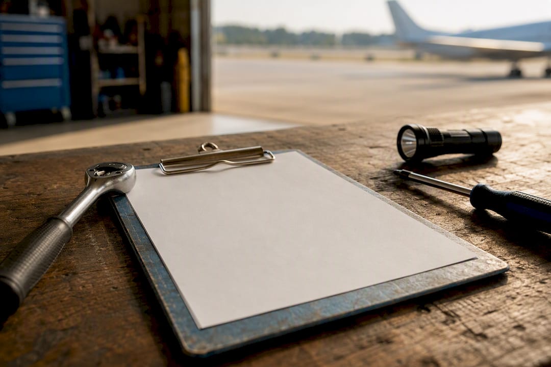 Maintenance tools and clipboard on workbench