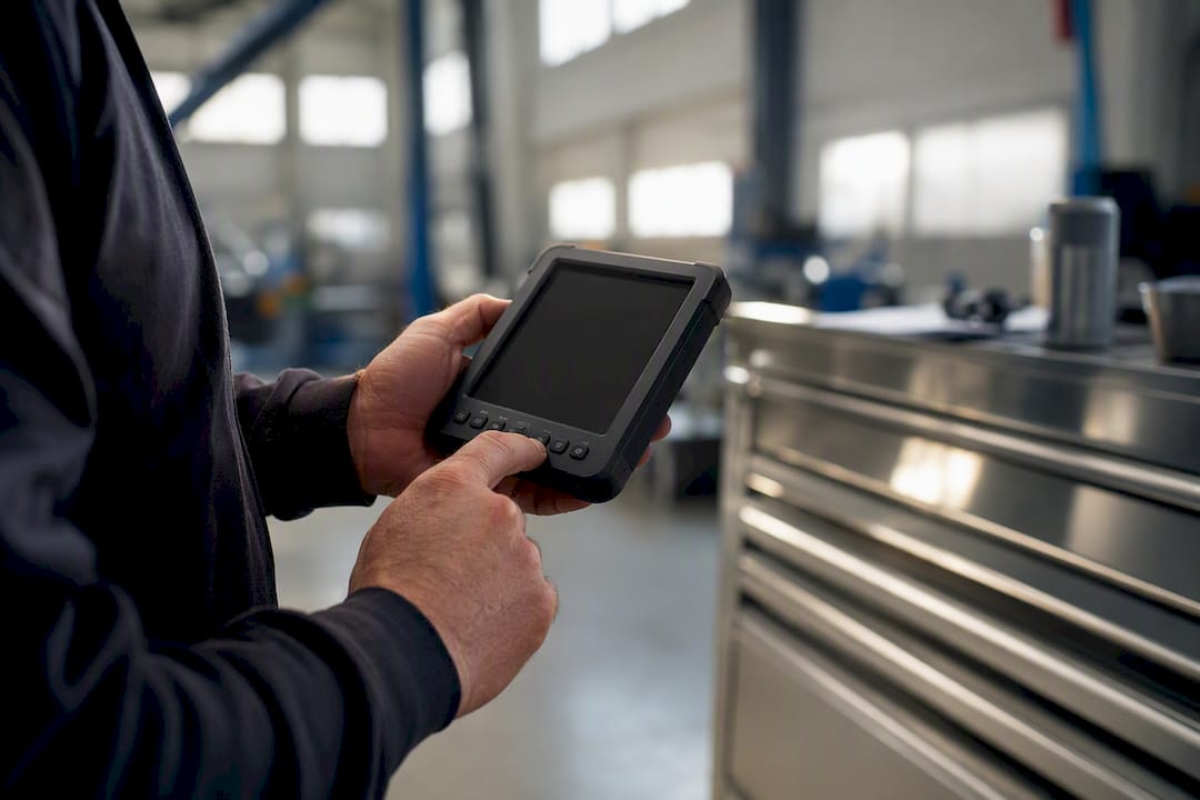 Technician hands with pre-flight checklist device