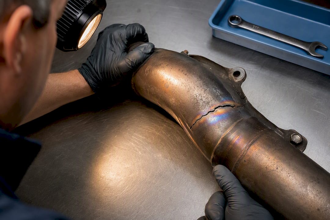Mechanic inspecting cracked aircraft exhaust