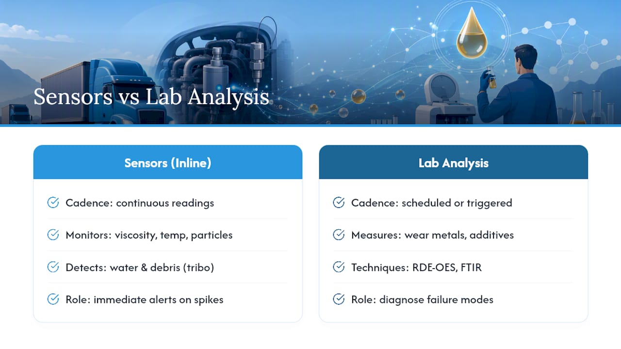 Real-Time Oil Condition Monitoring vs. Lab Analysis: How They Complement Each Other — overview diagram