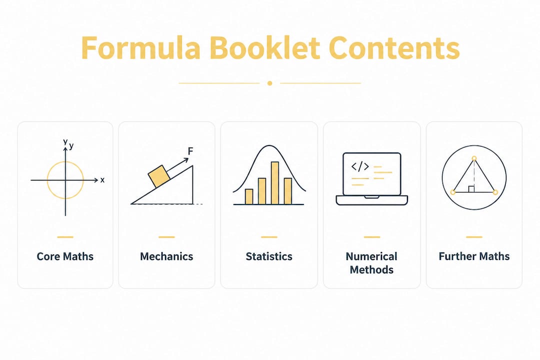Infographic showing key sections of A level maths formula booklet