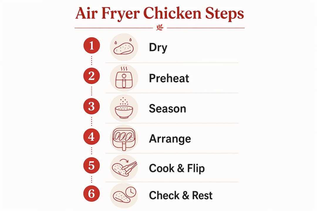 Infographic showing air fryer chicken cooking steps