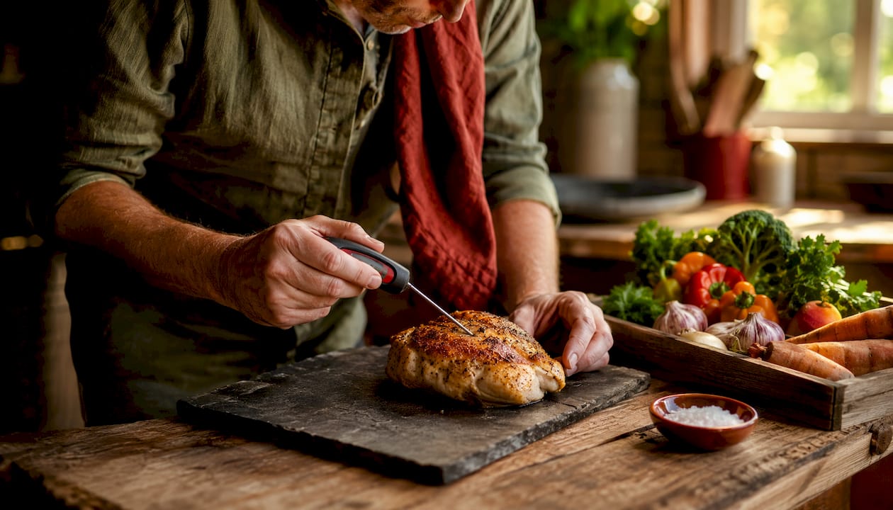 Man measuring temperature of cooked chicken