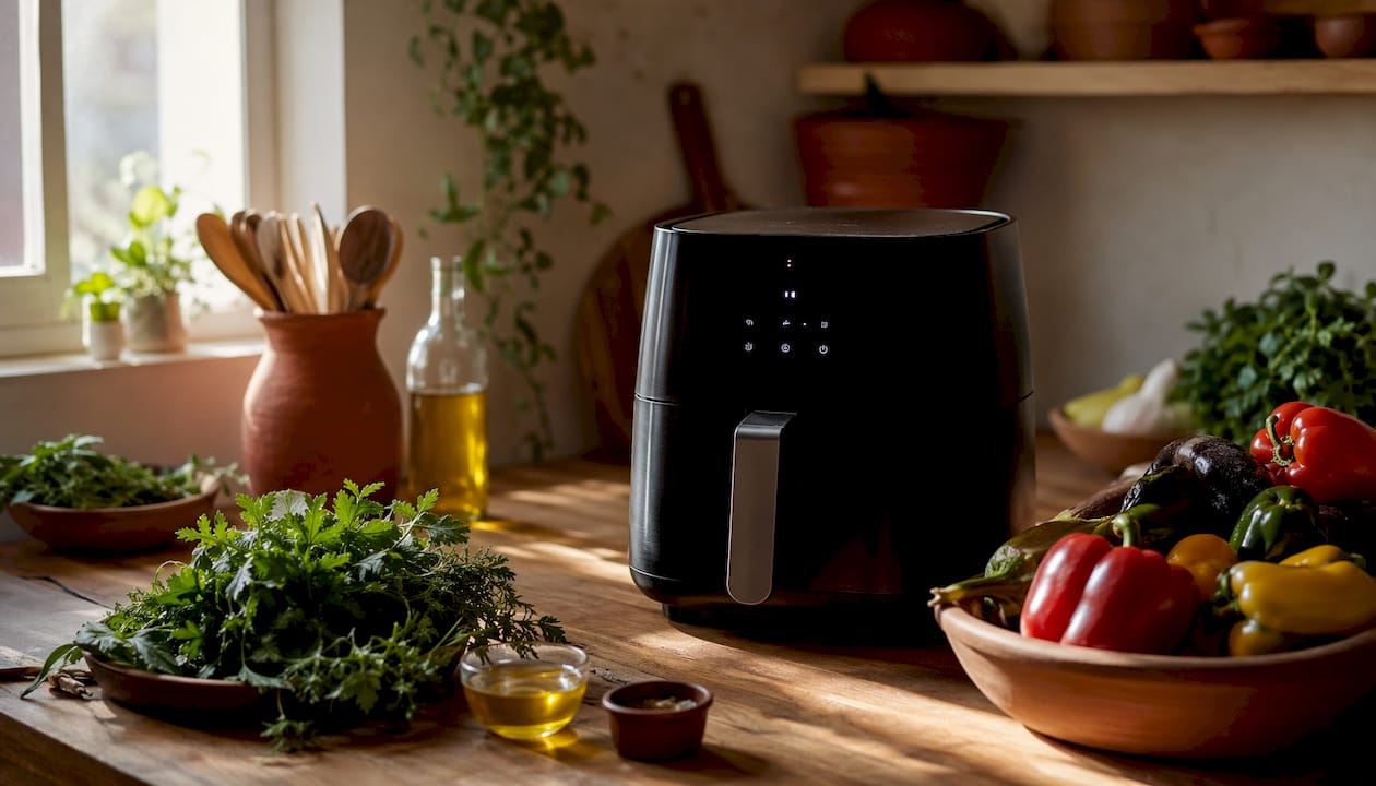 Air fryer basket with chicken thighs inside