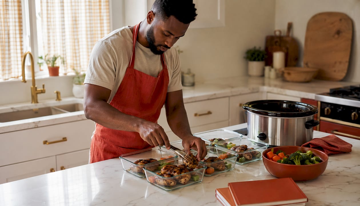 Father packing cooked chicken into meal prep containers