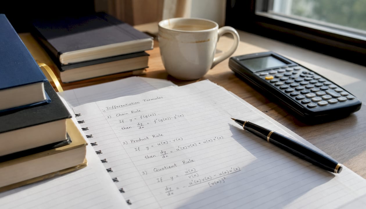 Close-up of differentiation formulas in notebook