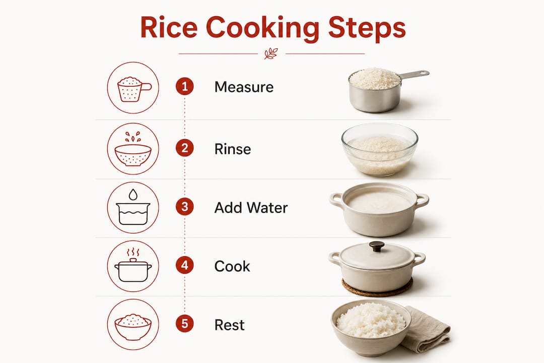 Infographic showing step-by-step rice cooking process