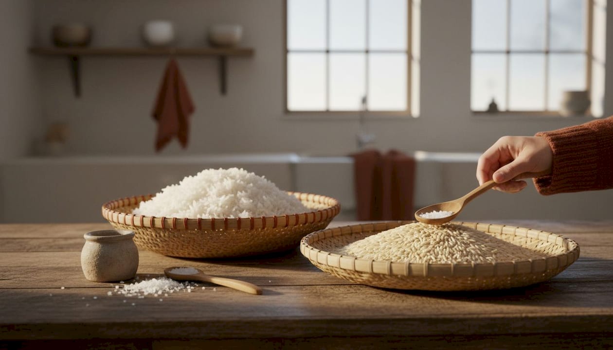 Bowls of jasmine and basmati rice side by side