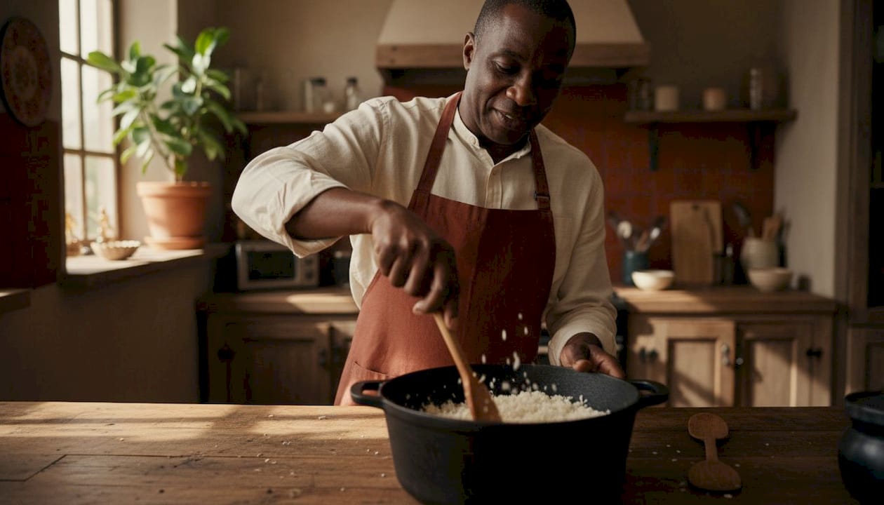 Man placing lid on pot during rice cooking