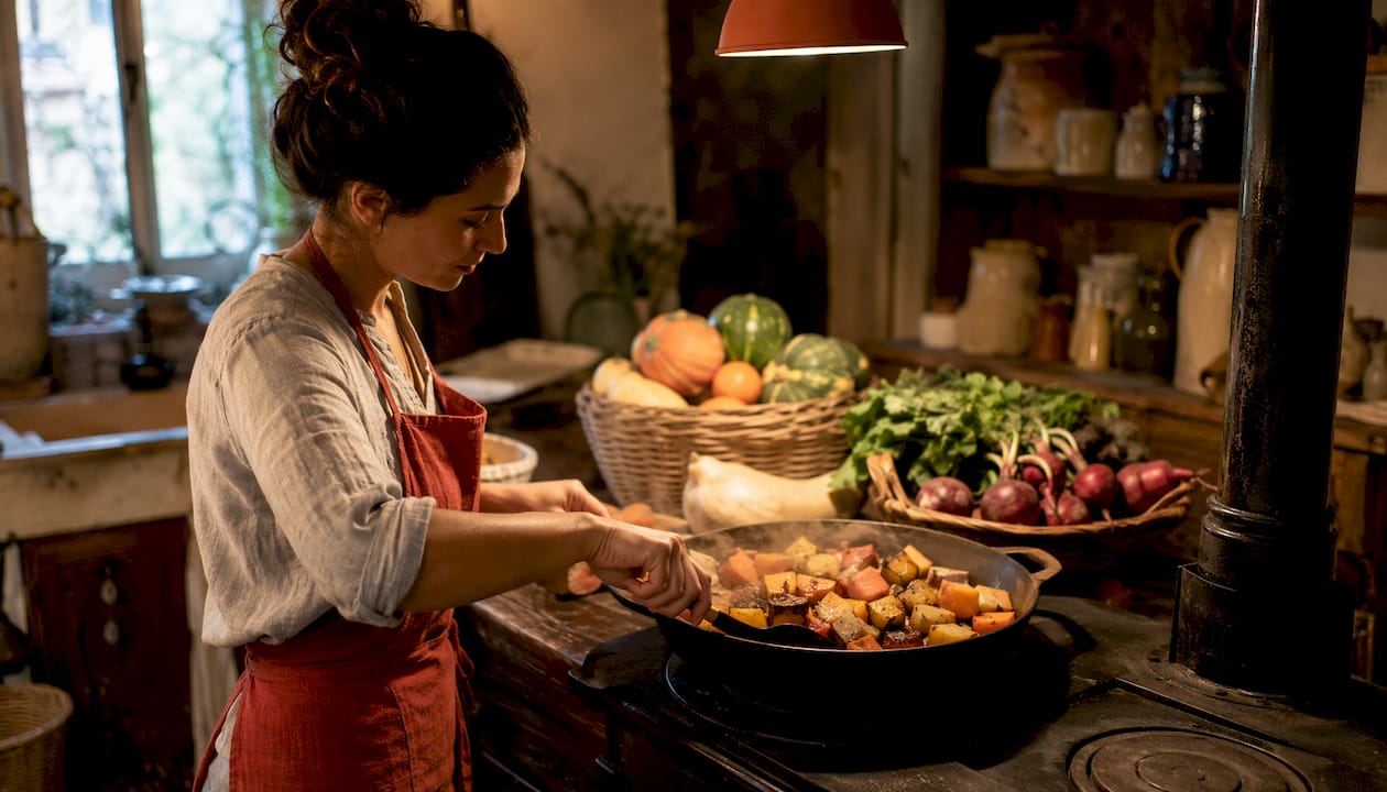 Hands cooking seasonal vegetables in kitchen